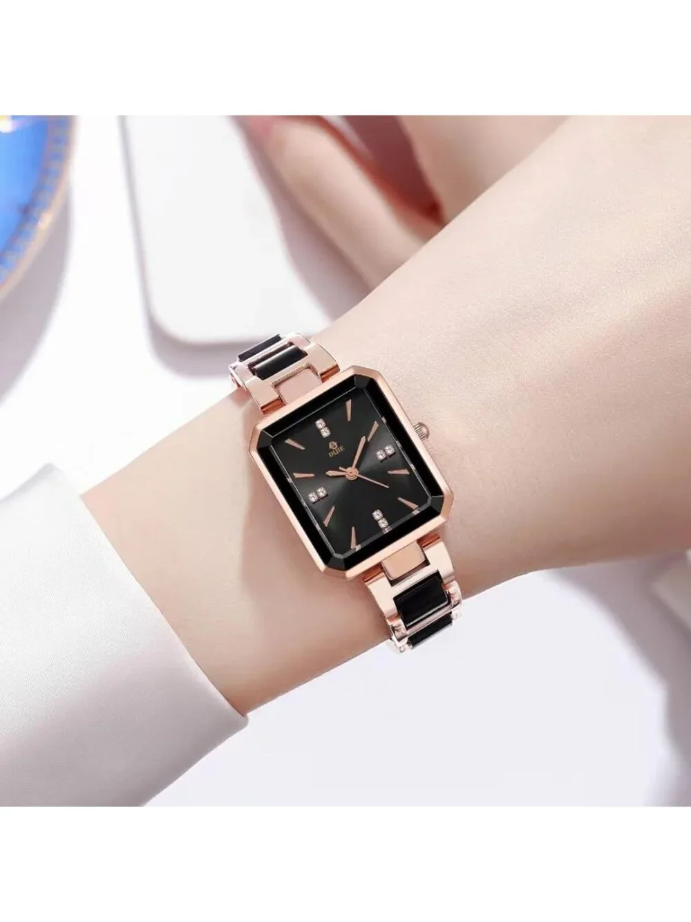 Women's Black Vintage Rectangular Dial Stylish Bracelet Waterproof Wrist Watch